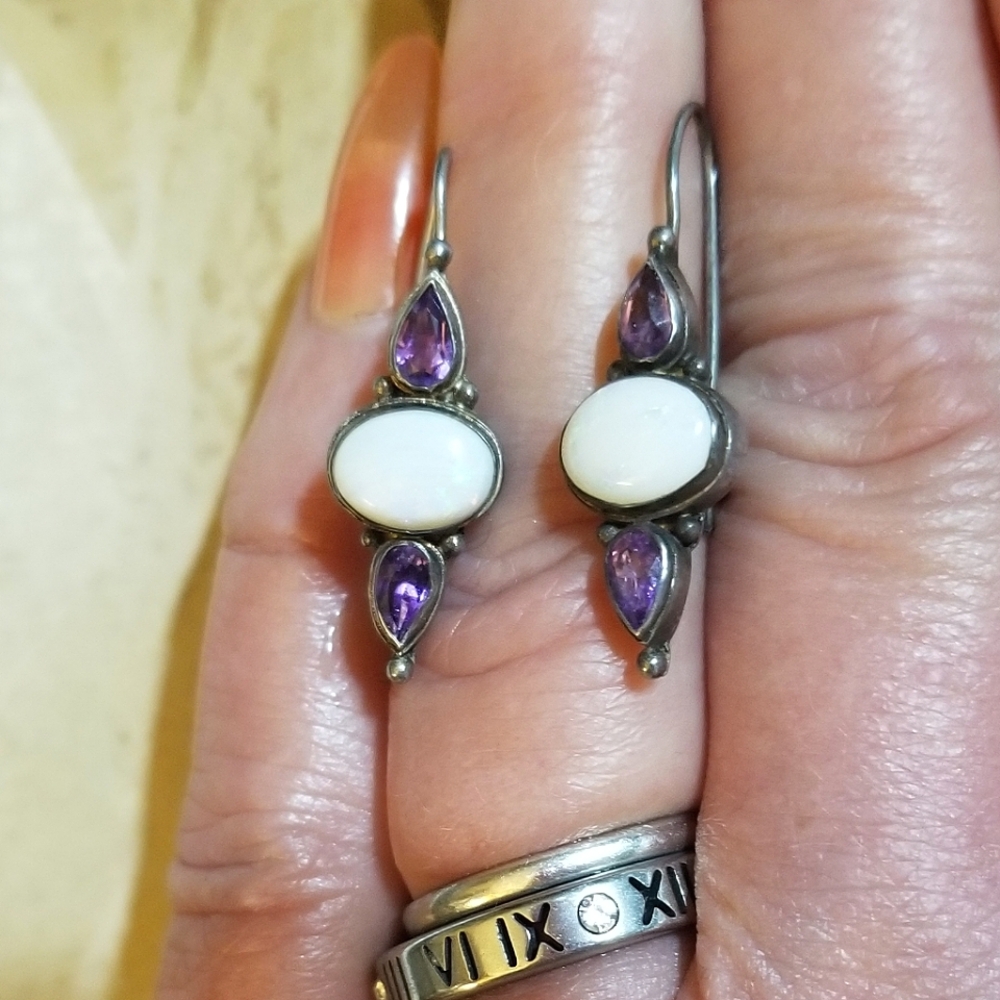 VTG designer signed Monsoon Opal Amethyst Sterling Silver Earrings - Picture 2 of 6
